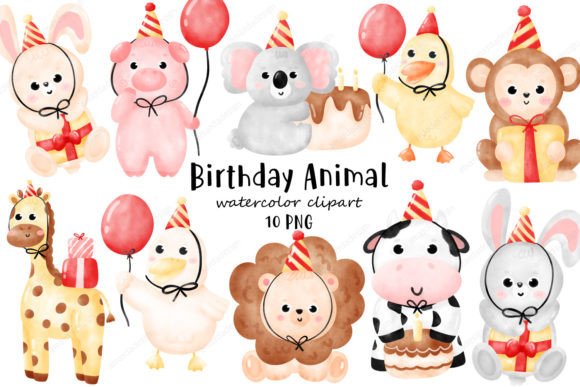 Download Happy Birthday Animal Watercolor Clipart - Birthday animal Collection